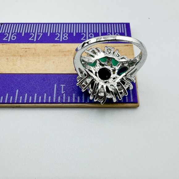 Vintage Art Deco Green 925 1930s Cluster Ring Dazzling Statement Flower - Picture 10 of 10